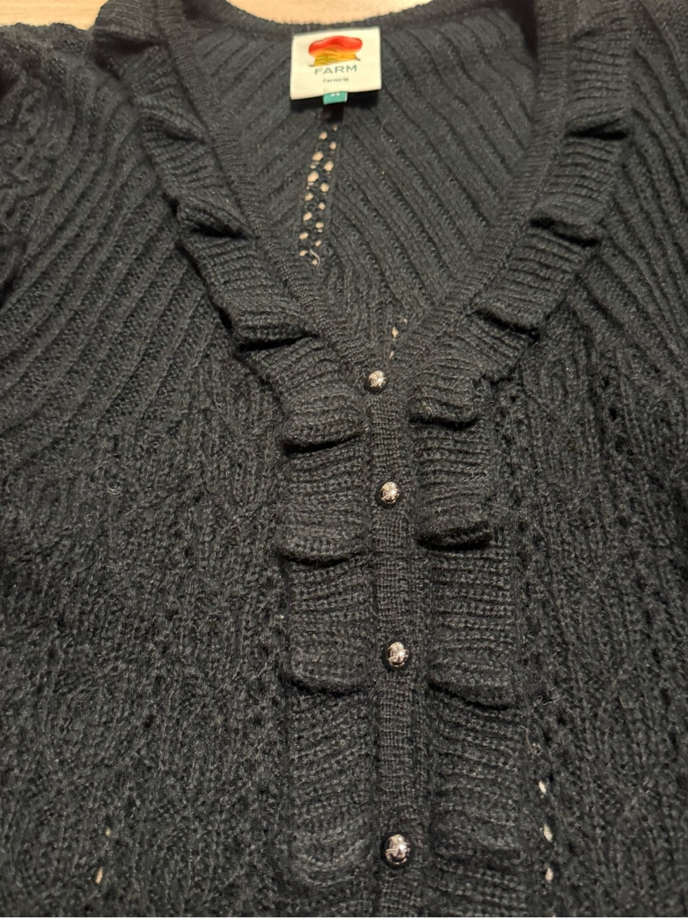 FARM Rio Black Ruffled Knit Button-Front Cardigan - Picture 2 of 5